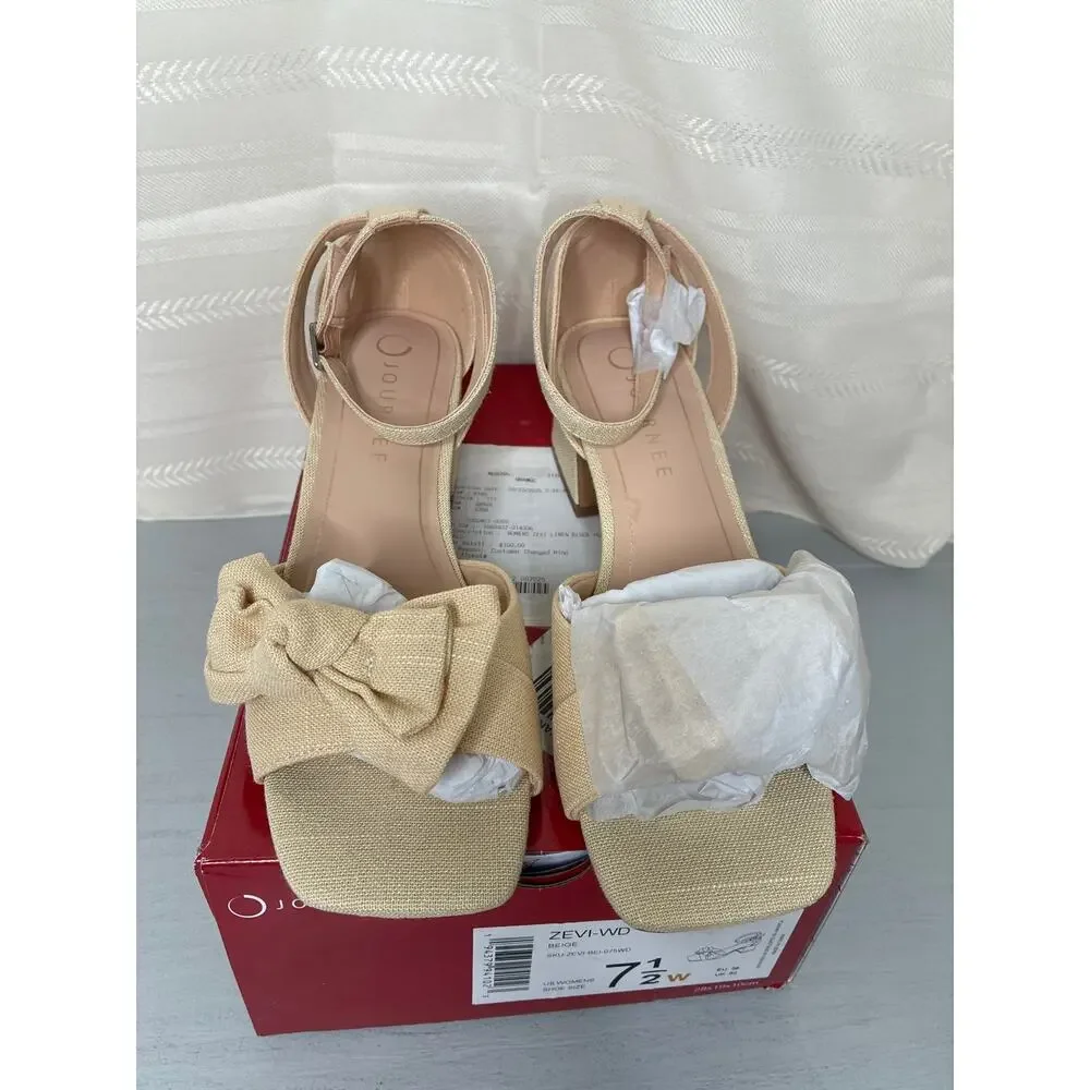 Journee Collection Zevi Linen Block Heel Sandals Beige Size 7.5 Wide